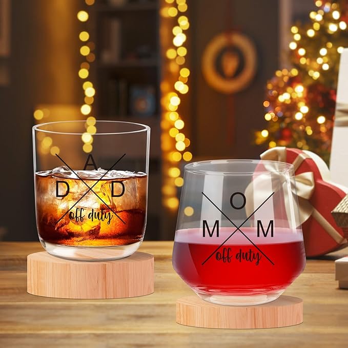 Ithmahco Parents Christmas Gifts, Mom Off Duty Dad Off Duty Wine and Whiskey Glass Set, First Time Parent Gifts, New Parents' Gift For Couples, Best Gift for expecting Mother and Father