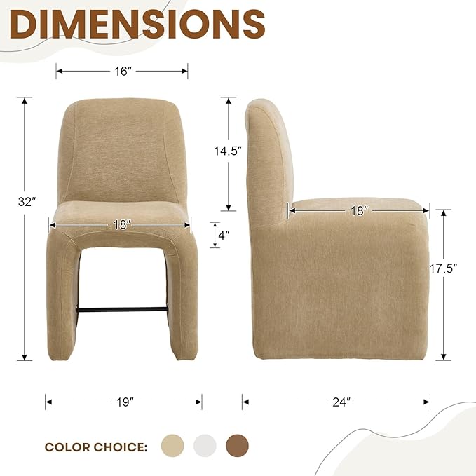 Khaki Upholstered Chenille Dining Chairs Set of 2, Mid Century Modern Dining Room Chairs with Deep Seat & Curved Back, Armless Side Chair Comfy Kitchen Chairs for Living Room/Kitchen