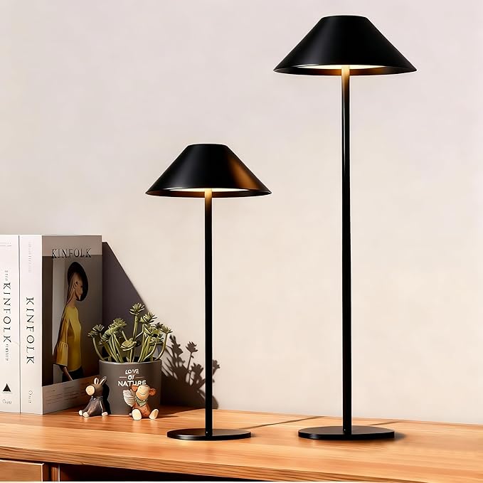 Black Cordless Lamp Set of 2, Rechargeable Battery Table Light Metal Lampshade with Flexible Height Pole, 3 Color Dimmable Bedside Touch Lamp, Portable Wireless Lamp for Reading/Home