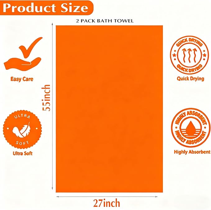 2-Pack Microfiber Bath Towels (27x54 Inches) - Ultra Soft & Quick Dry, 3X Absorbency, Lightweight for Gym, Yoga, Travel & Spa - Perfect for Home, Fitness & Post-Workout