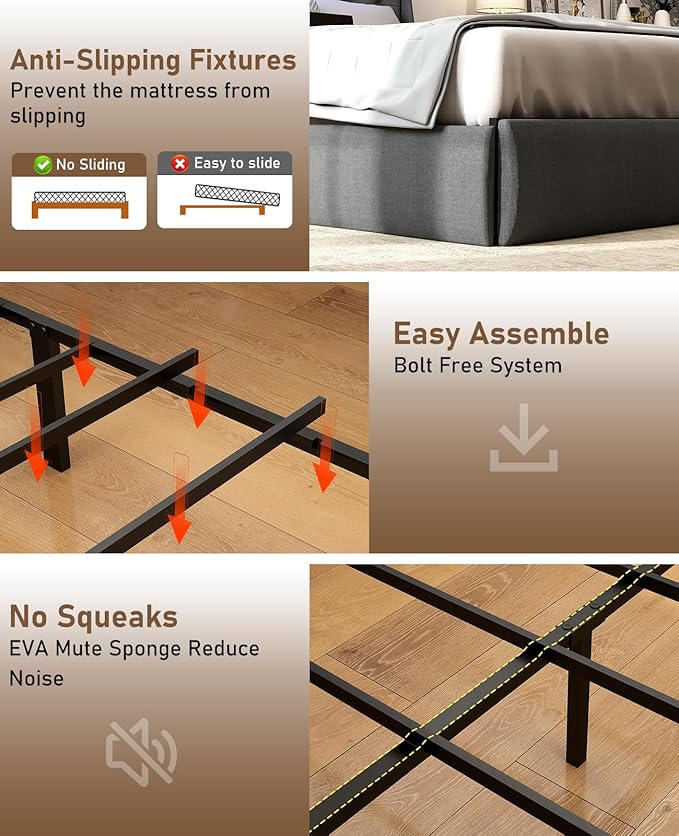 SADENICEL Full Size Bed Frame with Storage Headboard and 2 Drawer, Metal Full Bed Frame Platform with LED Light, Charging Station, No Box Spring Needed, Noise Free, Easy Assembly, Grey