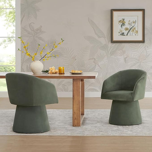 Swivel Dining Chairs Set of 2, Upholstered Mid Century Modern Deskchair with Barrel Back, Linen Fabric Kitchen Chairs for Dining Room, Bedroom, Dressing Room, Green