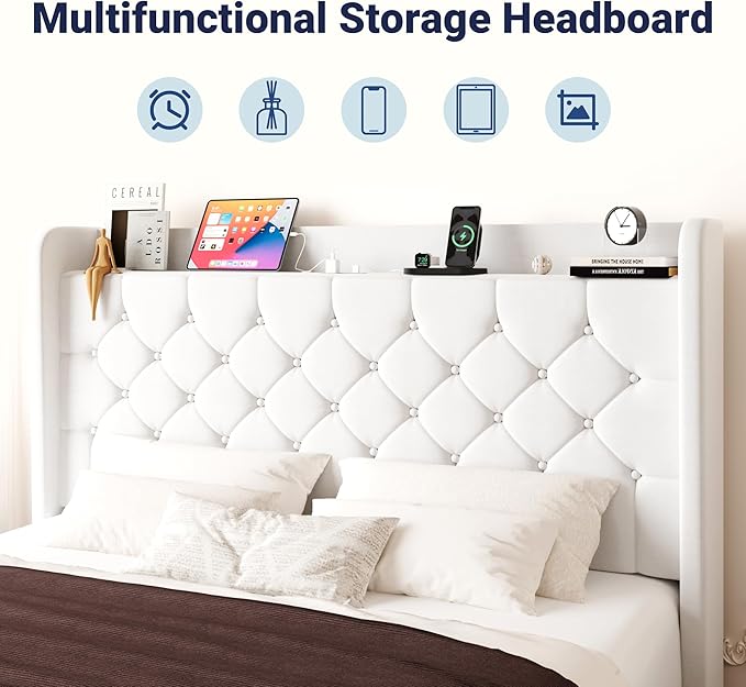 Allewie Queen Size Bed Frame, Storage Headboard with Charging Station, Wingback Velvet Upholstered, Diamond Stitched Button Tufted, Sturdy Wooden Slats, No Box Spring Needed, Easy Assembly, White