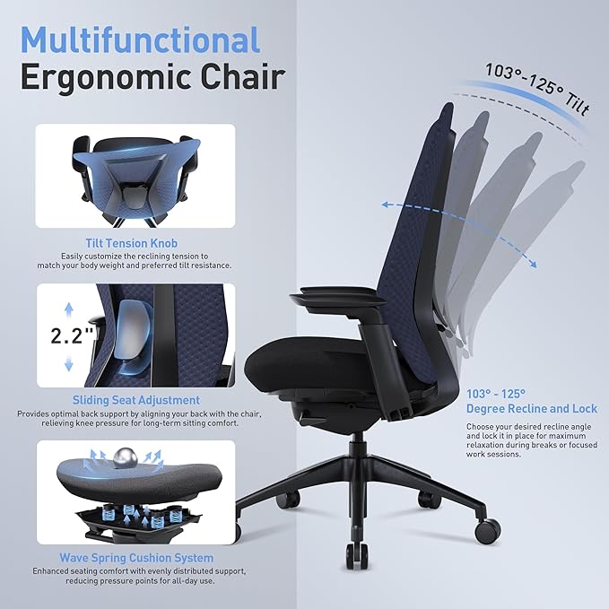 Executive Office Chair with 4D Adjustable Arms & Lumbar Support - Mesh Seat Depth Adjustment, 107°-115°-123°-132° Recline, Memory Foam & Aluminum Base for Modern Home/Office,Blue