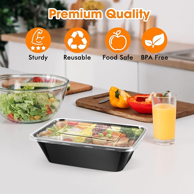 50 pack (100 pieces) 25oz meal prep containers, reusable, easy to open with lid, food safe, suitable for microwave ovens, refrigerators and dishwashers, plastic food storage trays