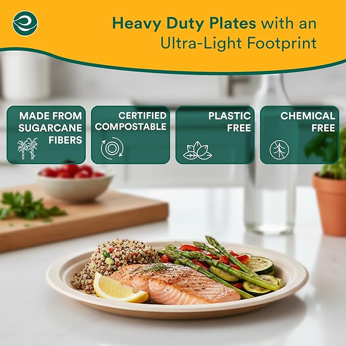 ECO SOUL Compostable 9 Inch(100-Pack) Biodegradable Heavy-Duty Disposable Eco-Friendly Paper Plates for Christmas Dinner & Parties, Wedding, Event