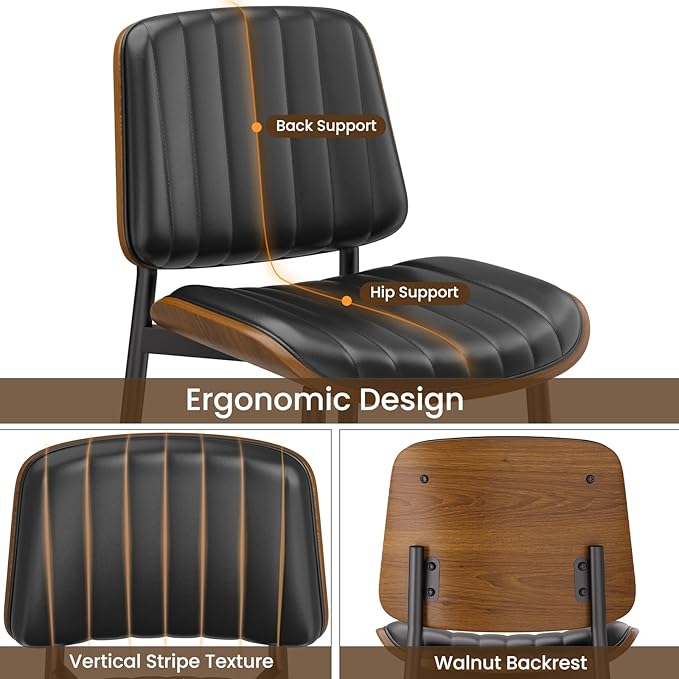 Dining Chairs Set of 6, FSC Certified Mid Century Modern Dining Room Kitchen Chairs, Upholstered PU Leather Vertical Stripe Chairs for Vanity with Walnut Bentwood and Metal Legs, Black