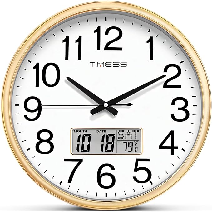 Wall Clock, 16 Inch Non-Ticking Silent Battery Operated Quartz Analog with LCD Display for Perpetual Calendar and F° Temperature, Ideal Modern Home, Bedroom, Kitchen, Office Décor (Gold)