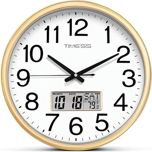Wall Clock, 11 Inch Non-Ticking Silent Battery Operated Quartz Analog with LCD Display for Perpetual Calendar and F° Temperature, Ideal Modern Home, Bedroom, Kitchen, Office Décor (Gold)