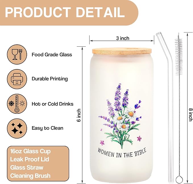 Christian Gifts for Women - Women of the Bible Glass Coffee Tumbler with Straw and Gift Box - 16oz Christian Mug for Mother's Day, Sister, or Bible Lovers (Frosted Glass cup)