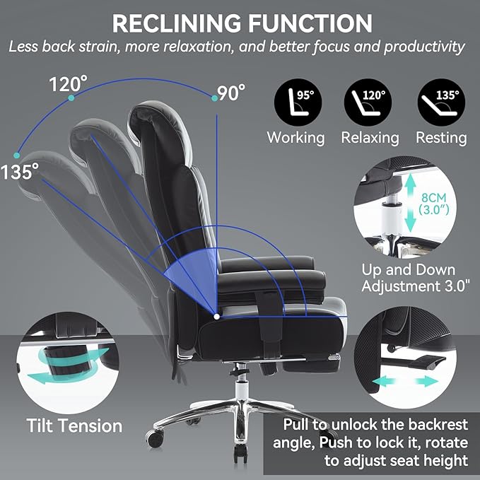 Efomao Big and Tall Office Chair 450lbs, Heavy Duty Executive Office Chair with Lumbar Support, Adjustable Armrests & Footrest, Ergonomic High Back Desk Chair for Home Office, Black