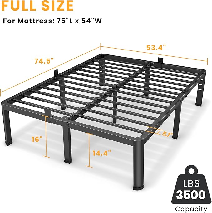16 Inch Full Size Metal Platform Bed Frame with Round Corners, Storage Space Under High Bed Frame-Heavy Duty Steel Slats Support, Noise Free - Easy Assembly - No Box Spring Needed