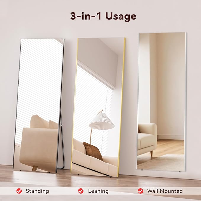 71"x26" Full Length Mirror with Stand, Lightweight & Easy to Move, Free-Standing Mirror for Dressing Room Bedroom, 3-in-1 Usage, Shatterproof Glassless Floor Mirror Kid & Pet Friendly (Gold)