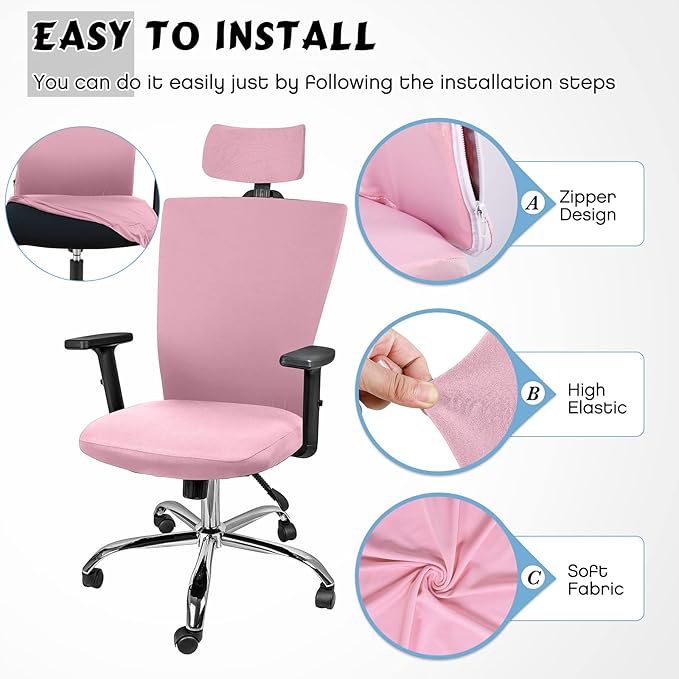 Lounsweer 3 Pieces Office Chair Cover Rolling Desk Chair Cover Gaming Covers Stretch Washable Protector Pets Slipcovers for Swivel Armchair Boss(Simple,Light Pink)