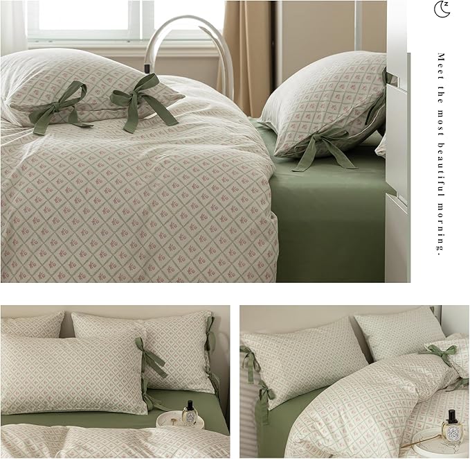 Pink Floral Duvet Cover Twin XL Chic Plaid Grid Duvet Cover with 2 Bowknot Pillowcases Vintage Boho Floral Bedding Set Aesthetic Cute Flower Comforter Cover Soft Cotton Girls Cottagecore Bedding Set