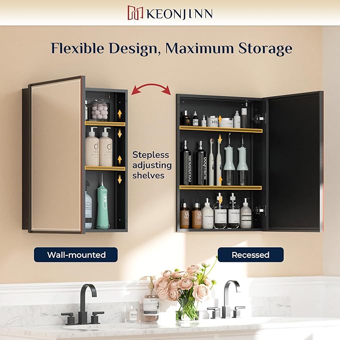 Keonjinn 16" x 24" Medicine Cabinets with Mirror for Bathroom, Oil Rubbed Bronze Recessed or Surface Wall-Mounted Aluminum Alloy Framed Beveled Mirror, Farmhouse Bathroom Mirror with Storage Cabinet