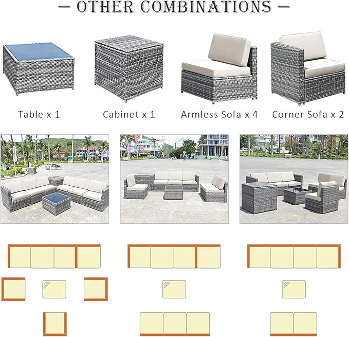 HAPPYGRILL 8-Pieces Patio Furniture Set Outdoor Rattan Conversation Set with Storage Box Sectional Wicker Sofa Set with Coffee Table and Cushions for Garden Backyard