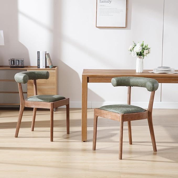 Kmax Dining Room Chairs Mid-Century Modern PU Kitchen Chairs with Natural Walnut Finished Frame, PU Curved Back, Set of 4, Green