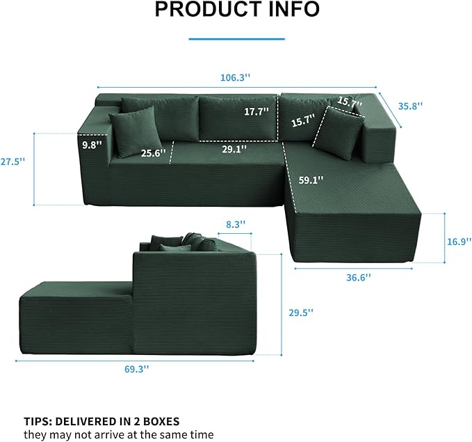 PUREMIND 106" Cloud Sectional Couch for Living Room, Corduroy L Shape Sofa with Deep Seat, Modern Green Couches Modular Boneless Foam Couch Corner Couches, No Assembly Required
