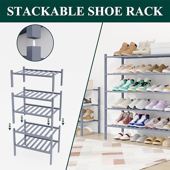 Smiry Shoe Rack, 4 Tier Long Bamboo Shoe Organizer, Stackable Free Standing Wooden Shoe Storage Shelf for Closet, Entryway, Front Door Entrance, Grey