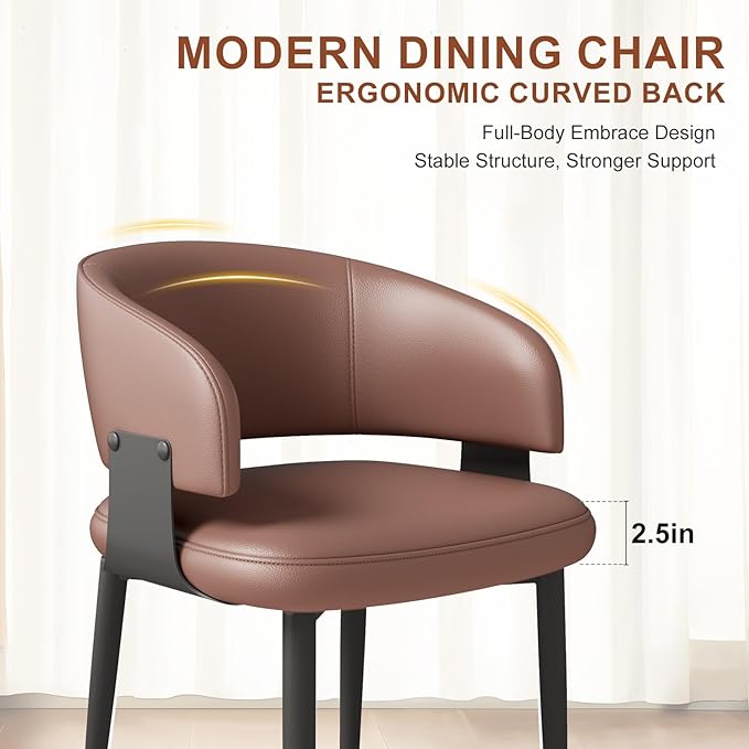 Modern Dining Chairs Set of 6, Faux Leather Upholstered Kitchen Chairs with Curved Back and Metal Legs, Mid Century Chairs for Dining Room, Kitchen, or Café (Brown)