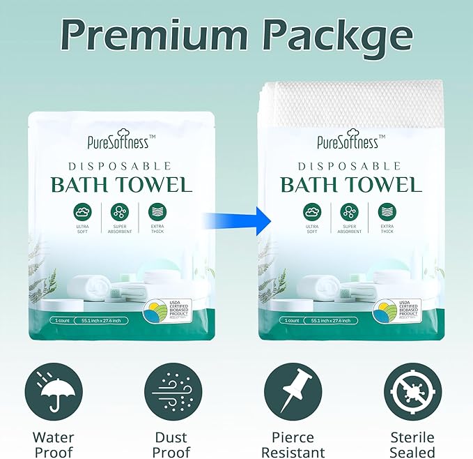 Disposable Bath Towels, Extra Large 57"x28", Ultra Thick, Soft Yet Durable, Individually Wrapped Travel Pack for Business Trip Workout Swimming Camping & Guest Towels (4 Towels in 1 Box)
