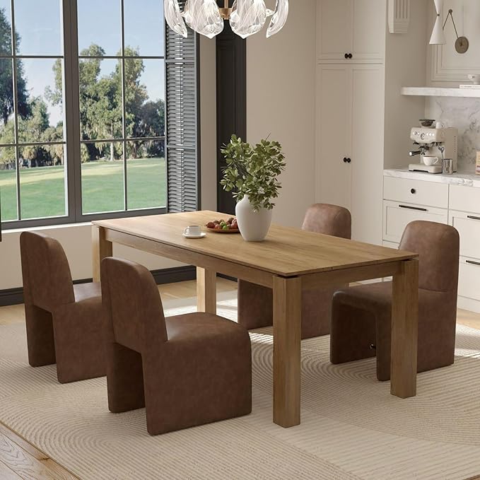 Brown Upholstered Leather Dining Chairs Set of 4, Mid Century Modern Dining Room Chairs with Deep Seat & Curved Back, Armless Side Chair Comfy Kitchen Chairs for Living Room/Kitchen