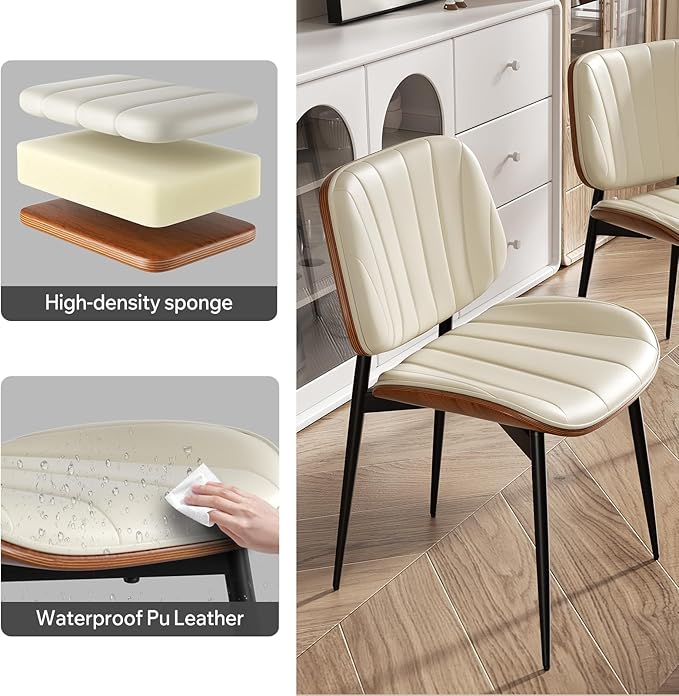 Dining Chairs Set of 2, Mid Century Modern Dining Room Chair, Upholstered Faux Leather Kitchen Chairs with Walnut Bentwood Back and Metal Legs for Kitchen Dining Room Living Room, Beige