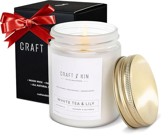 Craft & Kin White Tea & Lily Christmas Scented Candle | 8 Oz 45 Hour Long Lasting | Classic Soy Scented Woodwick Holiday Candles | Made with Natural Soy | Winter Candles Gifts for Men and Women