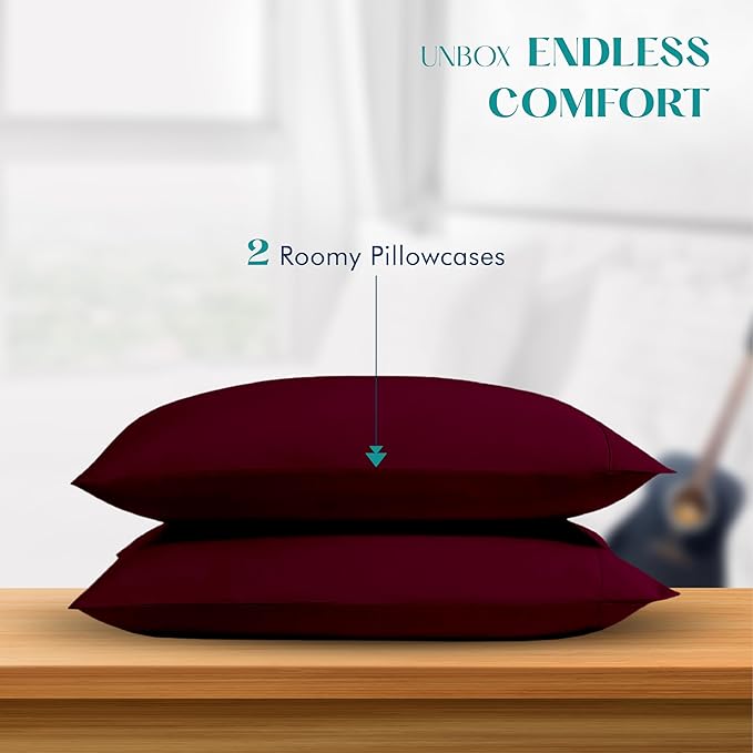 XOOX Linen 100% Egyptian Cotton Pillow Cases King Size Set of 2 - Luxury 1200 Thread Count Sateen Burgundy Pillow Covers, Soft & Breathable 5 Star Hotel-Quality Pillowcases, Fits King Size Pillows