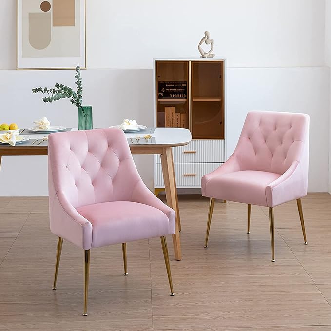 Modern Dining Chairs Set of 6, Mid Century Chairs with 5.12” Cushions and Golden Legs, Velvet Upholstered Dining Chairs with Back Pull Rod, for Kitchen, Living Room, Pink