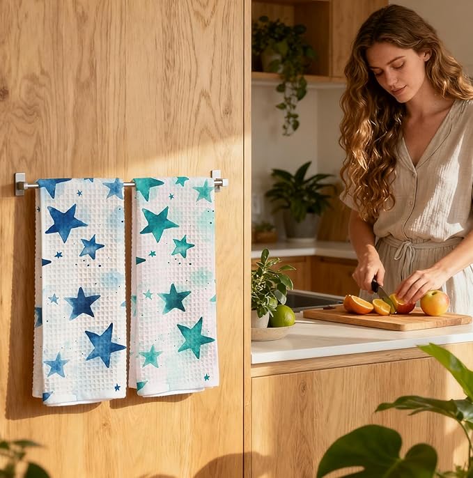2-Pack Watercolor Star Towel, Star Waffle Towels, Nursery & Bathroom Hand Towel, 16x24 Inch Blue & Azure Dish Tea Towel Decor for Kitchen & Nursery & Bathroom, Gift For Friends & Homeowners.