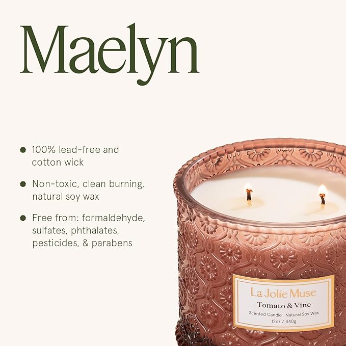 LA JOLIE MUSE Tomato & Vine Candle - Tomato Leaf, Rose, Moss | 12 oz Large 2-Wick Soy Wax Candle | 60 Hours Clean Burn | Fresh Garden Scented Candle | Gift-Ready for Hosts & Gatherings