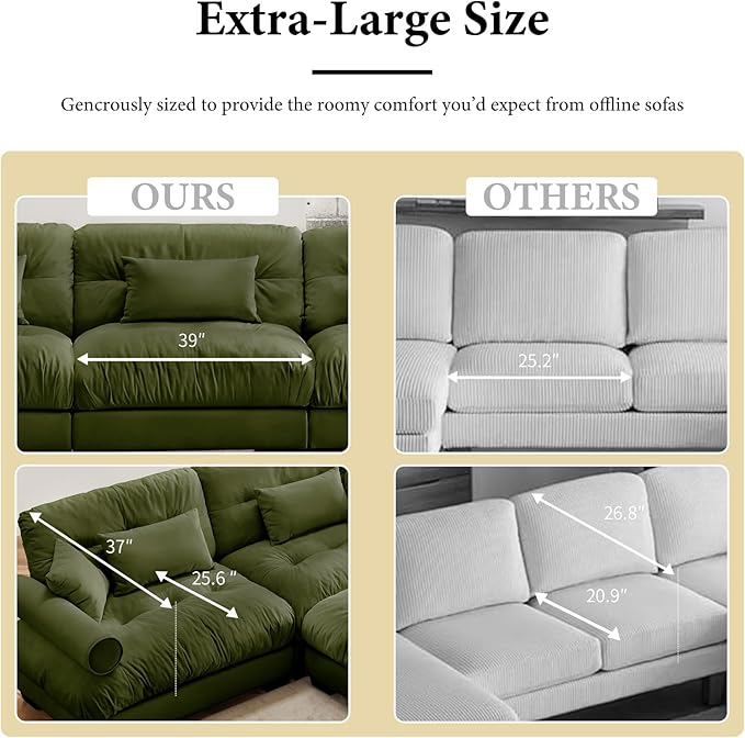 166" Oversized Couch, 4 Seater Modular Sectional Sofa, Olive Large L Shaped Sectional Couches for Living Room, Velvet Cloud Couch with Ottoman, L Shaped