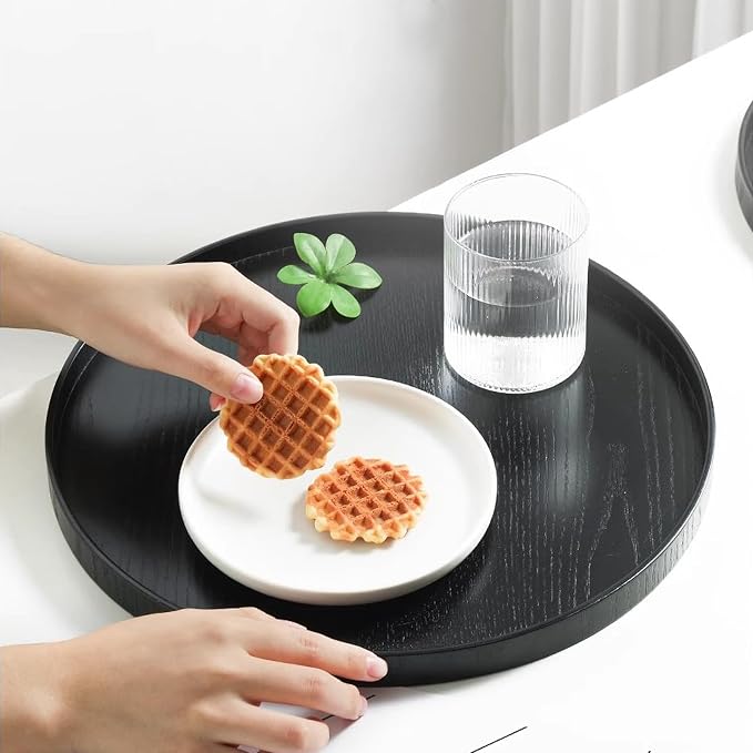 River Round Wood Serving Tray, Solid Wooden Decorative Tray Non-Slip Tea Coffee Table Tray Snack Plate Food Meals Serving Tray with Raised Edges for Home Decor Kitchen Restaurant(11.8inch/30cm, Black)