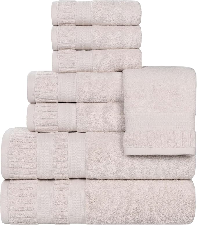 Superior Venice Zero Twist Cotton Medium Weight Towels, for Guest Bath, Bathroom, Shower, Spa, Plush Towels, Bath Essentials, Ribbed Textured Border, 8 Piece Assorted Towel Set, Silver
