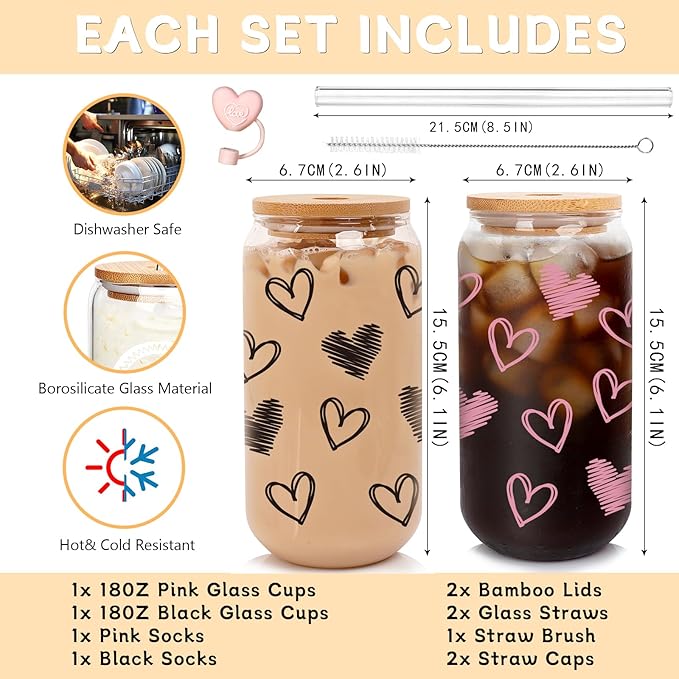 Valentine Glass Cups with Socks, Valentine Gifts For Him/Her, 18 OZ Hearts Glass Cups Gifts,Warm Socks for Women Men, Couple Iced Coffee Cups,Glass Cups with Lids and Straws - 2 Sets