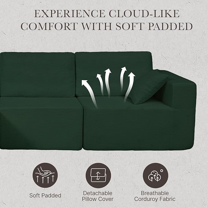 137” Modular Sectional Sofa Couch, 4-Seater U-Shape Sofa with Ottoman, Memory Foam Compressed Sofa, Free Combination Couch for Living Room,No Assembly Needed (Green, 4 Seats+ 2 Ottoman)