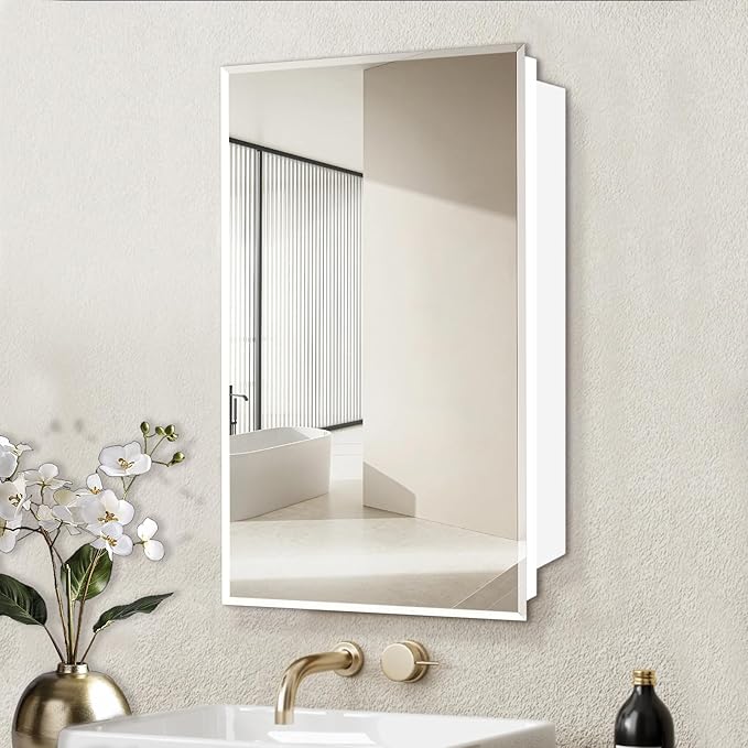 Medicine Cabinet with Mirror 16x26 inch, Recessed Medicine Cabinet or Surface Wall Mount Plastic Bathroom Cabinets with Removable Shelves, Beveled Edge Mirror Cabinet