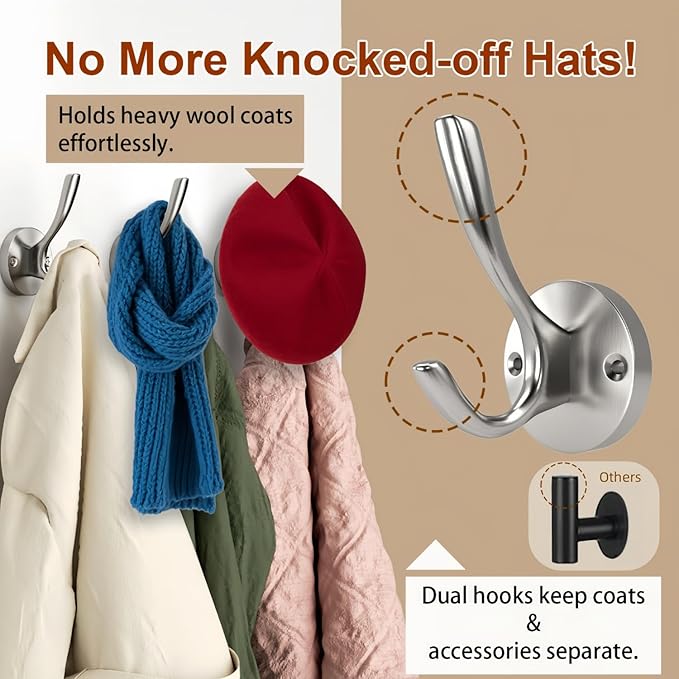 ZUONAI Coat Hooks Brushed Nickel 8 Pack Bathroom Hook for Wall Robe Hook Decorative Metal Clothes Hooks for Hanging Coats and Hat Towel Hang for Bathrooms