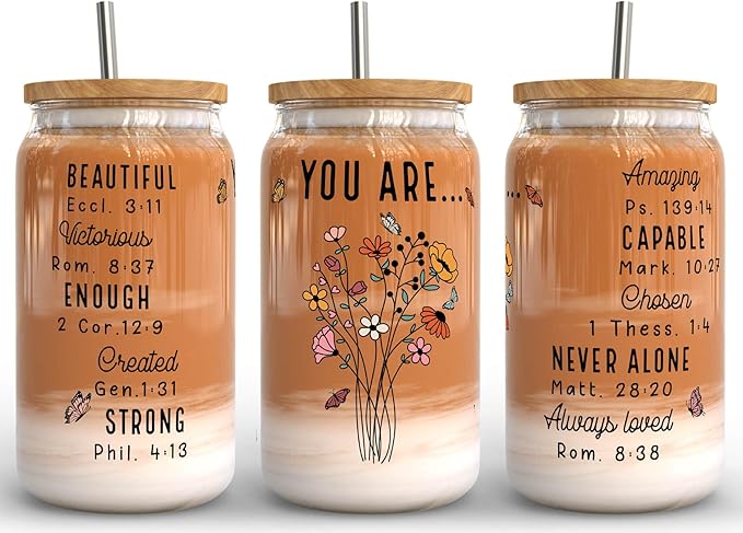 Fancyfams 16 oz Glass Drinking Cup with Bamboo Lid, and Straw, Women of the Bible Drink Cup, Christian, Religious, Mothers Day, Birthday Gifts for Women, Affirmation, Jesus Coffee Jar (You Are)