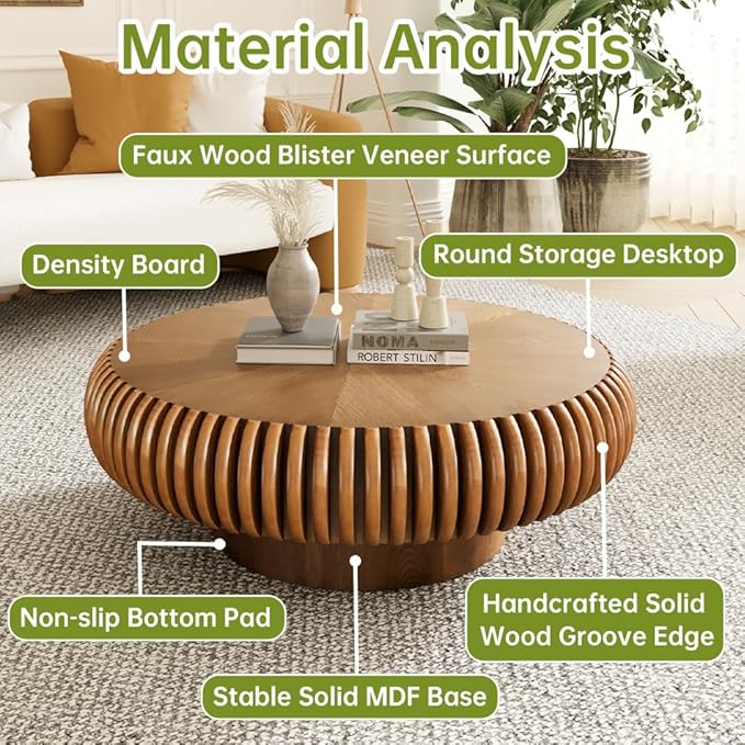 Brown Round Coffee Table for Living Room Round Fluted Drum Coffee Table Modern Fluted Coffee Tables for Living Room (Brown, 31.4 inch)