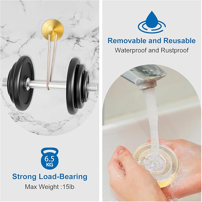 Suction Cup Hooks for Shower Towels Robes, Heavy Duty Wreaths Hangers Hooks Stainless Steel, No Drill on Smooth Wall,Glass,Mirror, Tile in Bedroom Kitchen to Hang Swimsuit Washcloths (4, Gold)