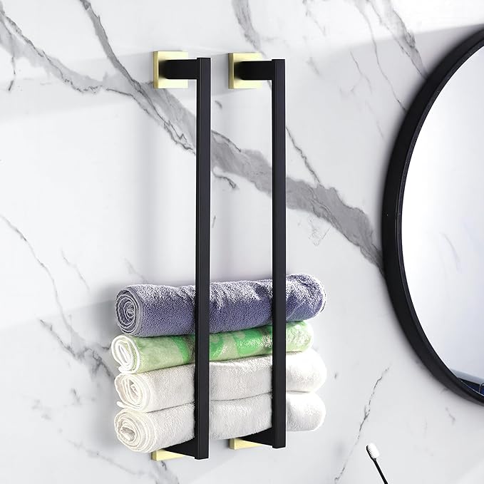 LANC Hand Towel Bar for Bathroom Wall Mounted 12-Inche Matte Black and Gold Bath Hand Towel Holders Stainless Steel Towel Ring Towel Rod for Kitchen Towel Rack Towel Hanger, A9010GK-L3