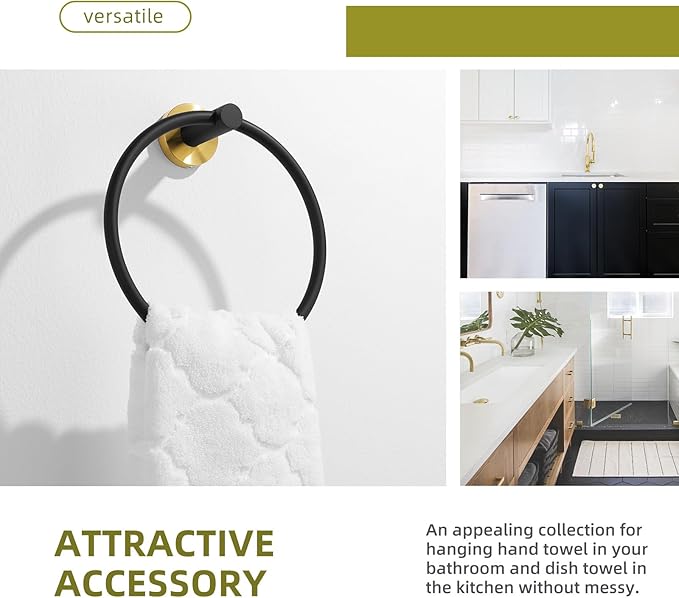 Angle Simple Towel Ring Swivel, Stainless Steel Hand Towel Holder Rack for Bathroom, Black and Gold