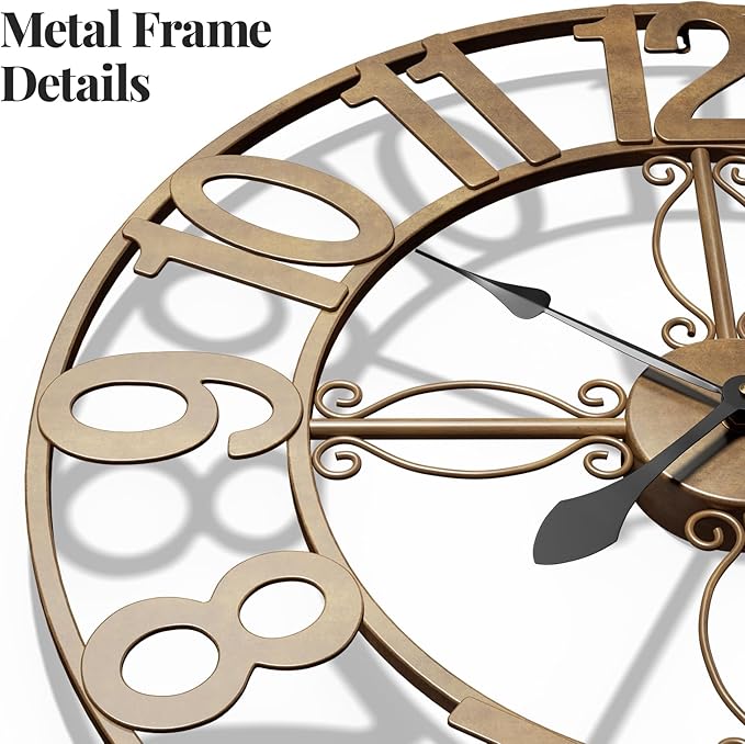 20 inch Large Wall Clock, Modern Decorative Wall Clocks for Living Room Decor, Metal Round Clock Battery-Operated Silent Non Ticking Retro Rustic Arabic Numerals Analog, Bronze