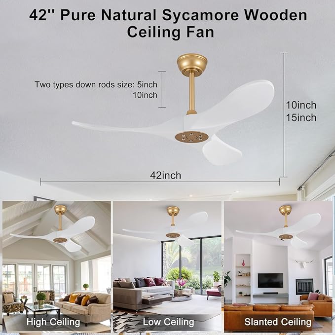 42 Inch Solid Wood Ceiling Fan with Remote,White and Gold, no Light, 6 Speeds, Reversible DC Motor, Modern Ceiling Fans Without Lights for Outdoor Indoor Bedroom Farmhouse,Patios