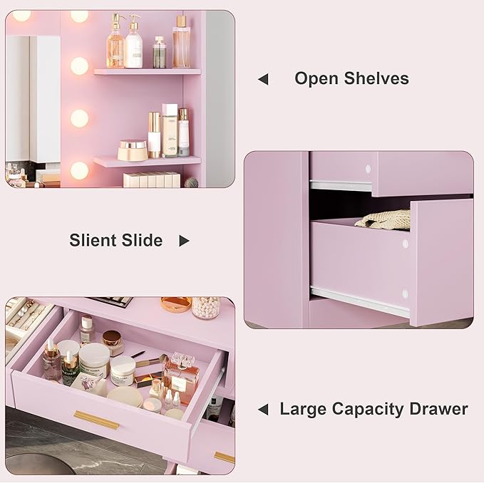 61" Vanity Desk with Mirror & Lights, White Makeup Dressing Table with 8 Drawers & 2 Shelves, 3 Lighting Modes with Adjustable Brightness for Bedroom, Pink