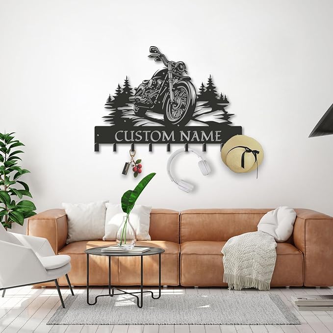 Personalized Motorcycle Metal Key Holder, Custom Last Name Metal Wall Sign, Hanging Storage Rack for Garage and Home Decor (Style-2)
