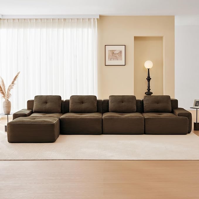 150" Modern Corduroy Cloud Sofa with Ottoman, L Shaped Boneless Modular Large Sectional Couches for Living Room, Brown 4 Seater Compressed Memory Foam Couch, Extra Deep Seat, No Assembly
